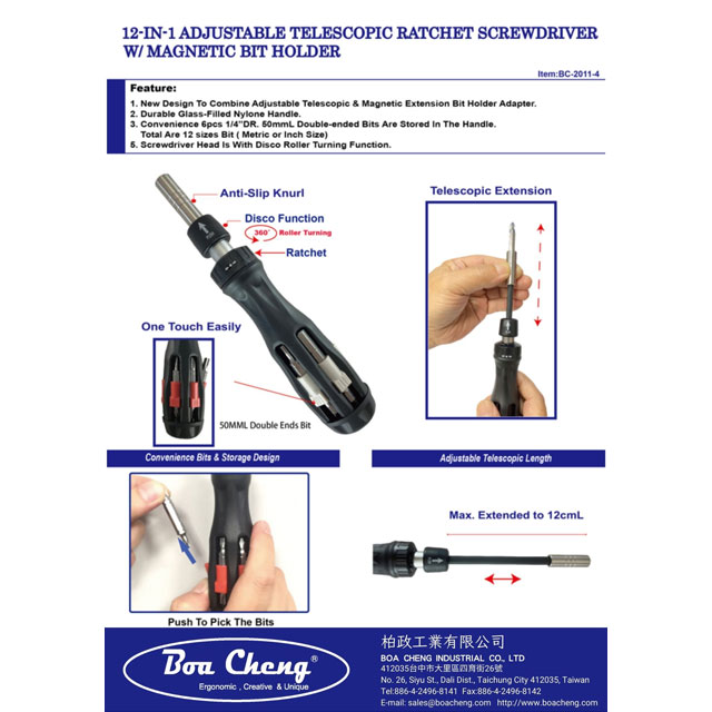 BC-2011-4-12 In 1 Adjustable Telescopic Ratchet Screwdriver Magnetic Bit Holder